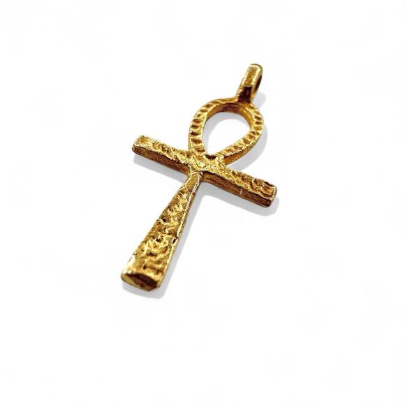 14K Yellow Gold Ankh Cross Pendant Charm Textured Cut Etched Egyptian Style .56g - Picture 2 of 4